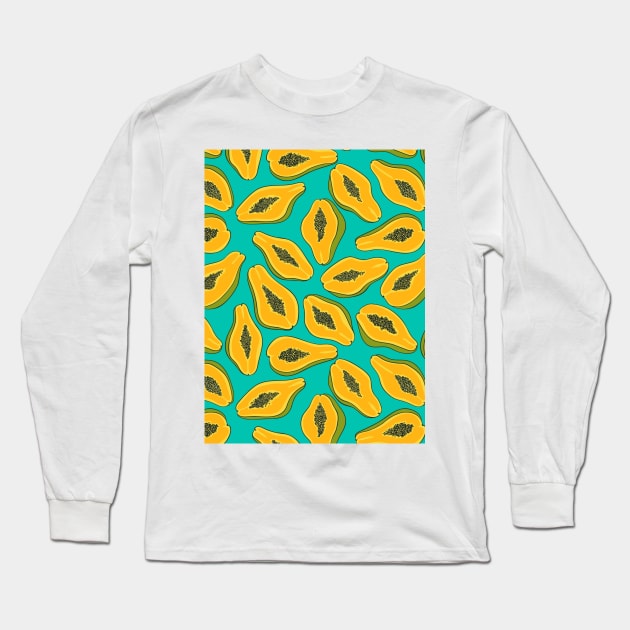 Papaya slices on turquoise Long Sleeve T-Shirt by katerinamk